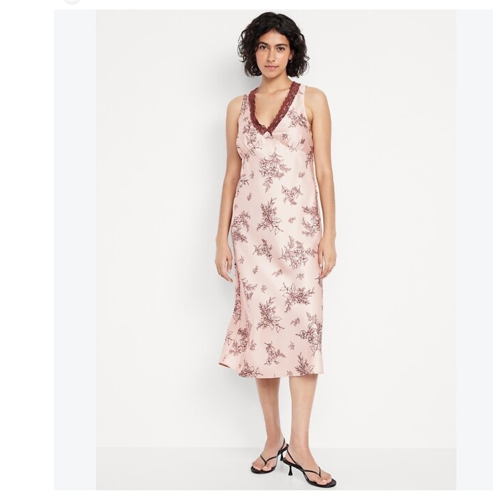 Old Navy Womens Lace Trim Satin Slip Dress M Pink Floral Midi Romantic Fall Boho